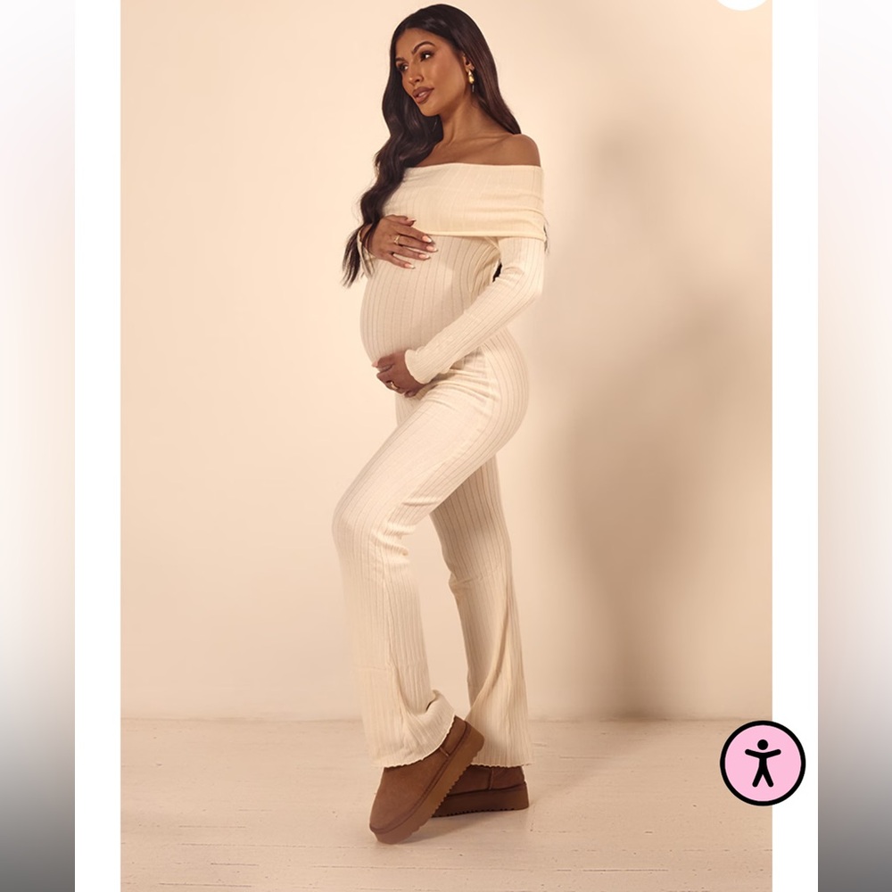 Pretty Little Thing Maternity Cream Knitted Bardot Wide Leg Jumpsuit